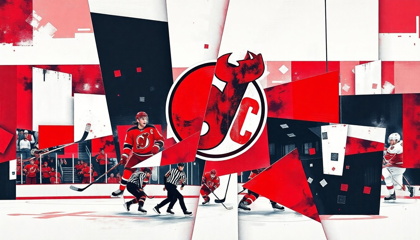 A cubist, geometric painting depicting a hockey game or match, with sharp, overlapping planes of red, black, and white representing the New Jersey Devils' colors. The fragmented, multi-perspective style captures the team's struggles and the need for a fresh start.