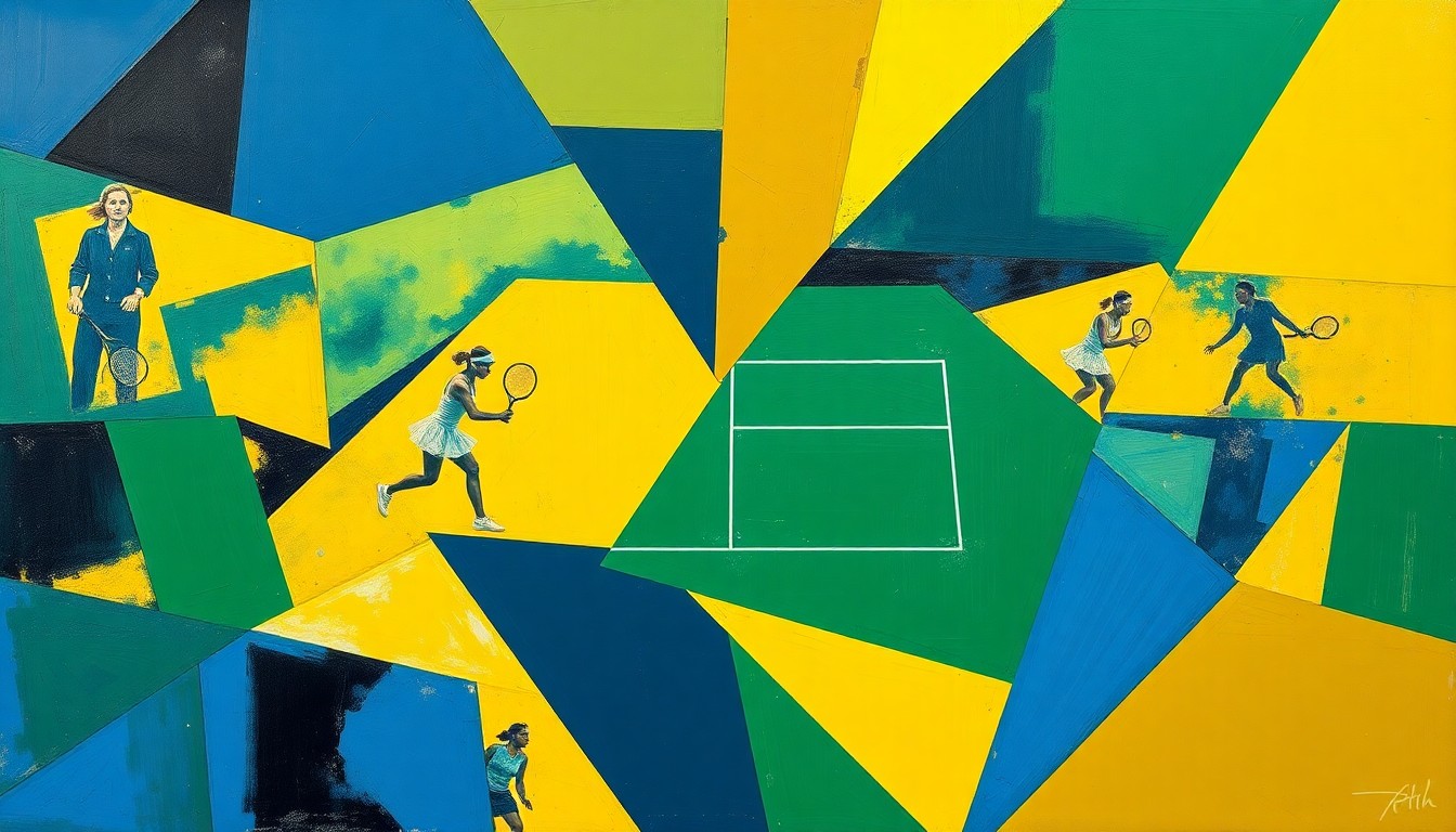 A fractured, multi-perspective painting in the style of Pablo Picasso, breaking a women's tennis match down into sharp, overlapping geometric planes in a palette of navy blue, forest green, and bright yellow, conceptually representing the dynamic action and competitive spirit of the LC State women's tennis team.