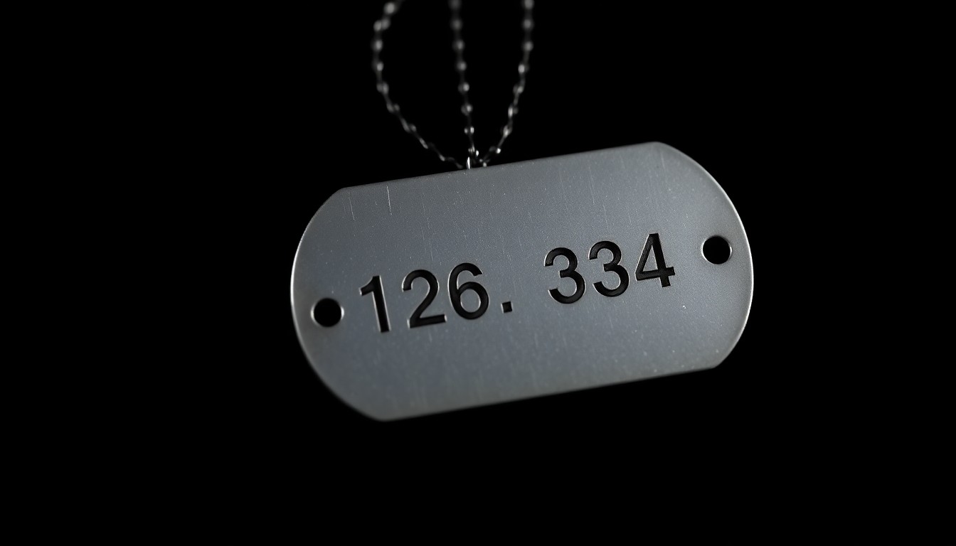 An extreme close-up photograph of a military dog tag against a pitch-black background, the textured metal surface and serial number conveying the gravity of a classified information leak.