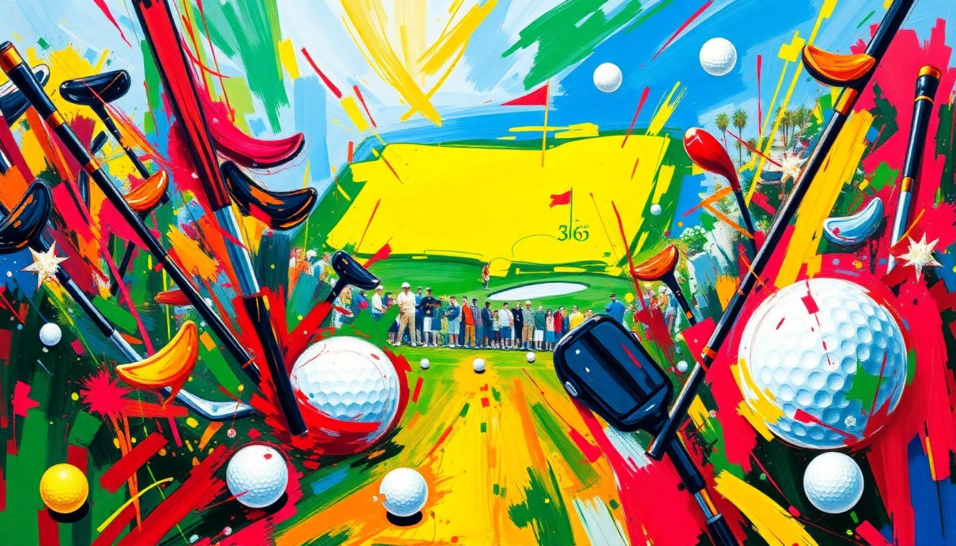 An abstract, expressionist painting featuring dynamic, neon-colored brushstrokes and shapes representing the excitement and energy of The Masters golf tournament.