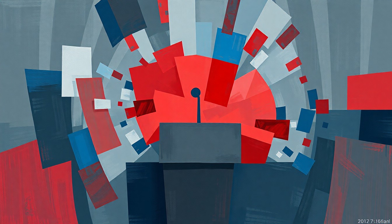 A fractured, overlapping painting of a podium in shades of blue, red, and grey, conveying the sense of a heated political battle through its abstract, geometric style.