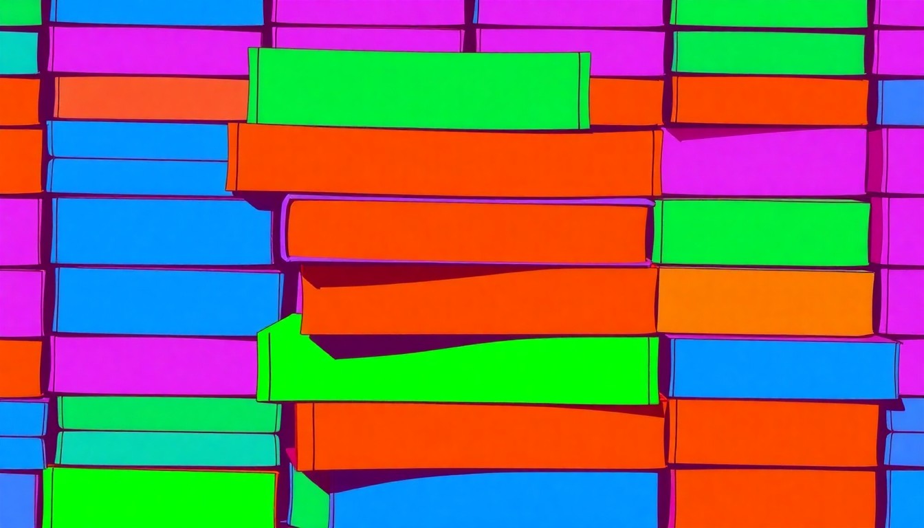 A vibrant, abstracted grid of brightly colored textbooks in shades of blue, green, and orange, conceptually representing the struggle for accessible college education.