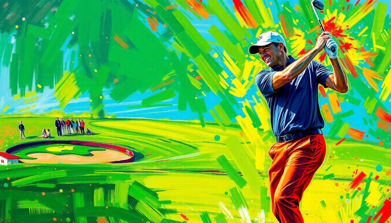 An abstract, expressionist painting in vibrant neon colors, with rapid brushstrokes conveying the dynamic movement and emotion of a father and son on a golf course.