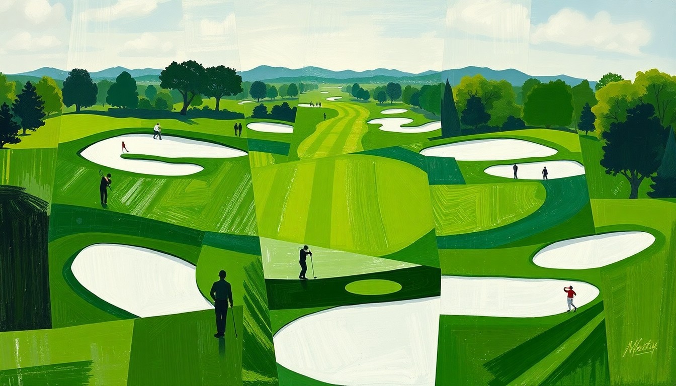 A fragmented, geometric painting depicting a golf tournament, with overlapping planes of green fairways, white bunkers, and shadowy player figures, conveying the conceptual tension between golf's heritage and its evolving future.