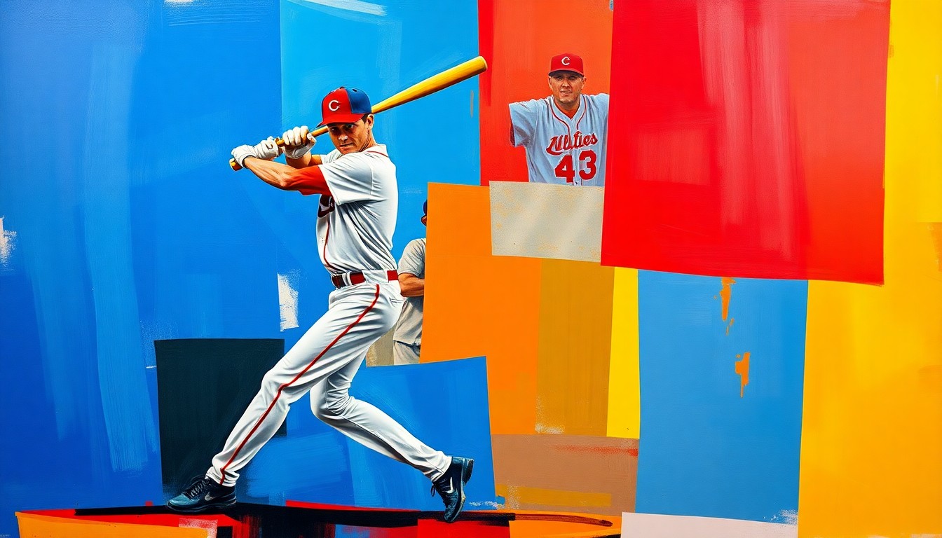 A fragmented, geometric painting depicting a baseball player's swing from multiple angles, with sharp planes of bright blue, red, and yellow colors conveying the raw energy and humanity of the game.