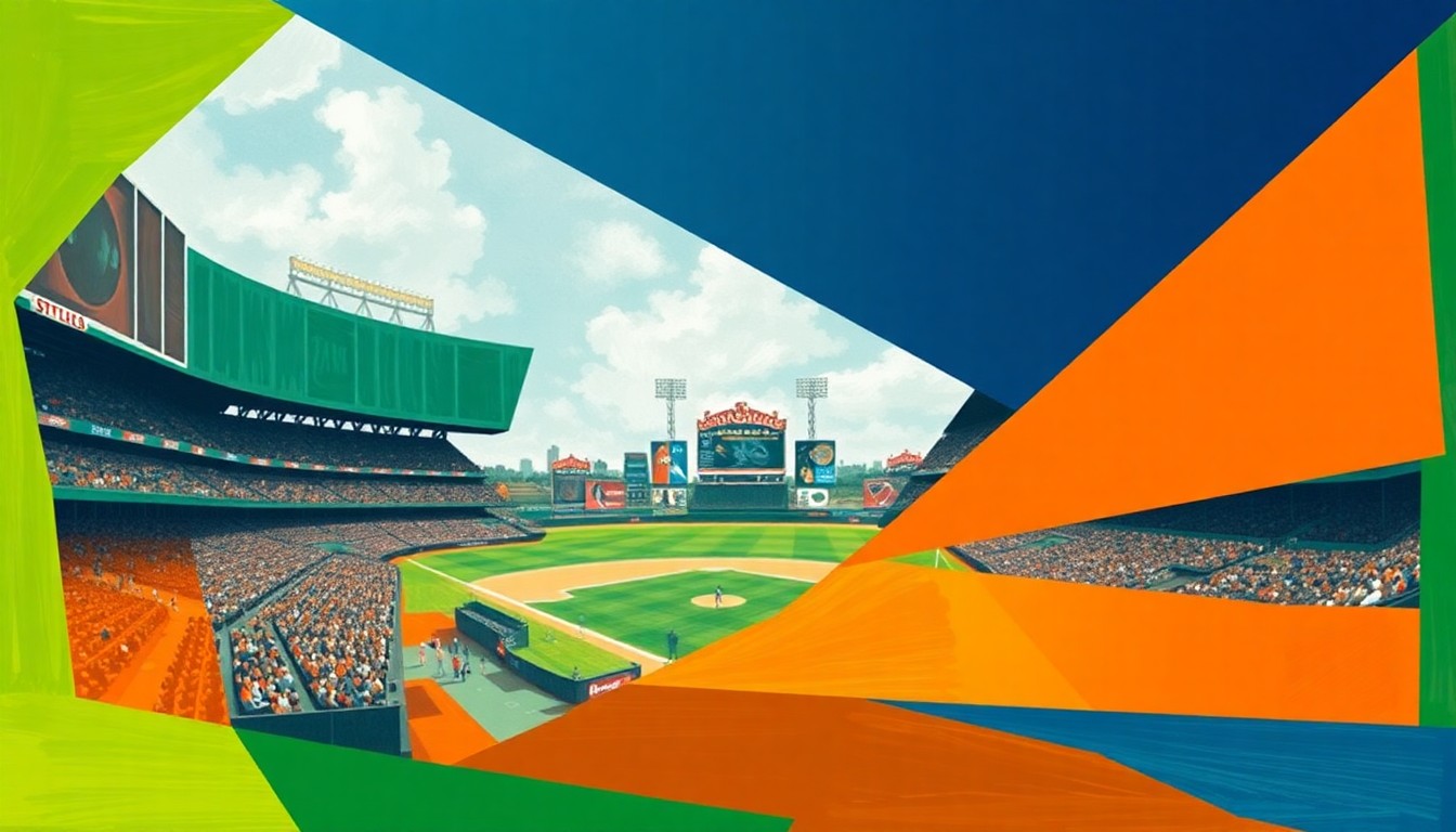 A fragmented, geometric painting in shades of green, blue, and orange, depicting the dynamic movements and energy of a baseball game through an abstract, cubist lens.