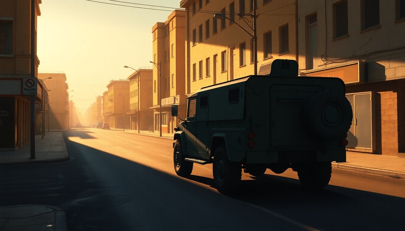 A serene, photorealistic painting of a lone military vehicle on a shadowy urban street, capturing the precarious calm in the aftermath of conflict.
