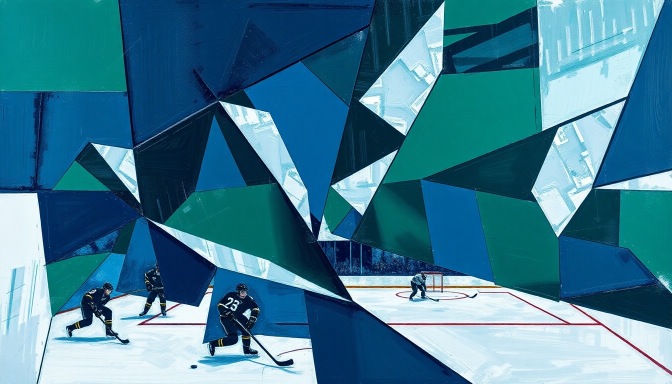A cubist, geometric painting depicting a fragmented hockey scene with overlapping planes of navy, green, and silver, conveying the sense of change and transition for the Seattle Kraken organization.