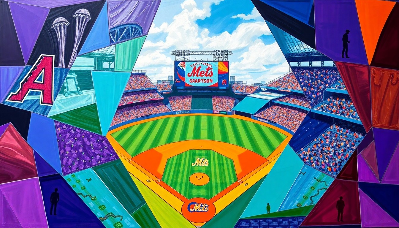 A fractured, multi-perspective painting depicting a baseball game between the Arizona Diamondbacks and New York Mets, with sharp geometric planes in vibrant colors representing the players, field, and action.