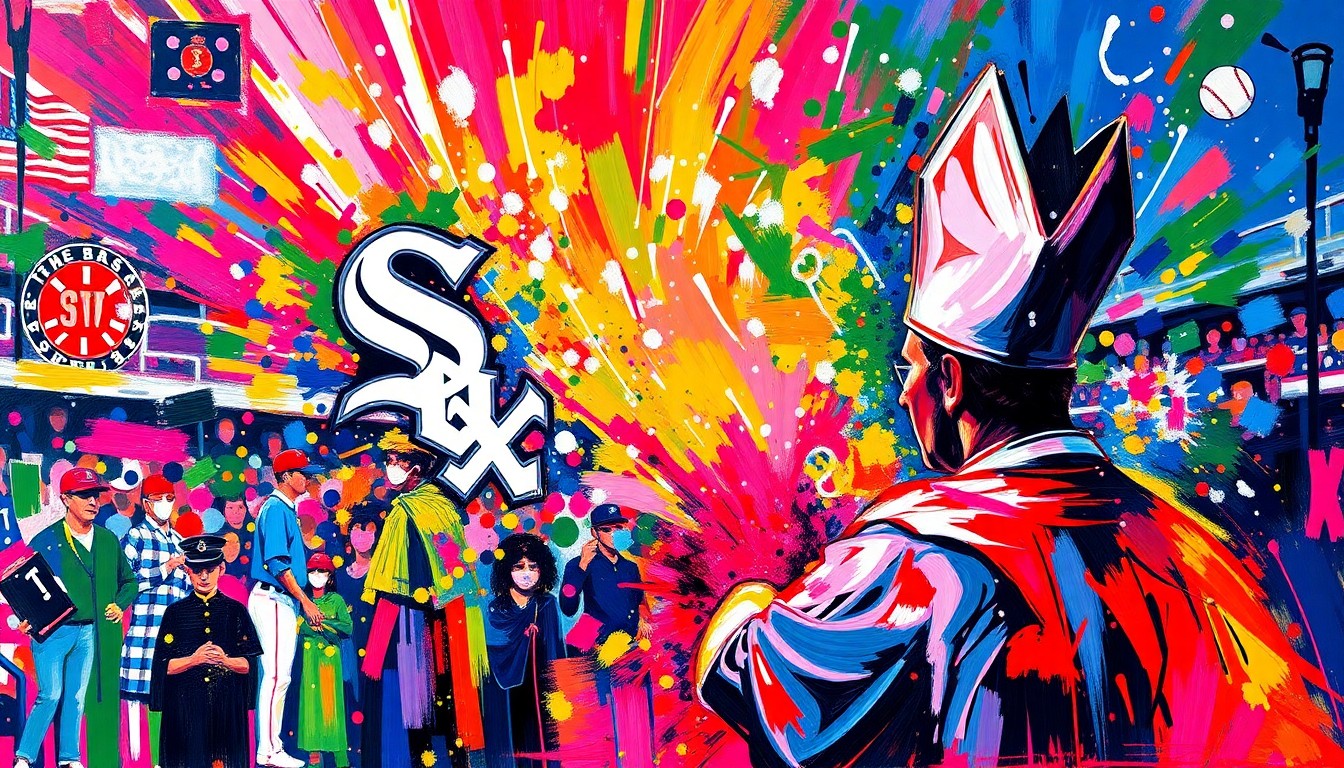 An abstract, expressionist painting in vibrant neon colors, featuring the blurred outlines of a baseball game and a pope's mitre, conveying the excitement and passion of the White Sox's fan community.