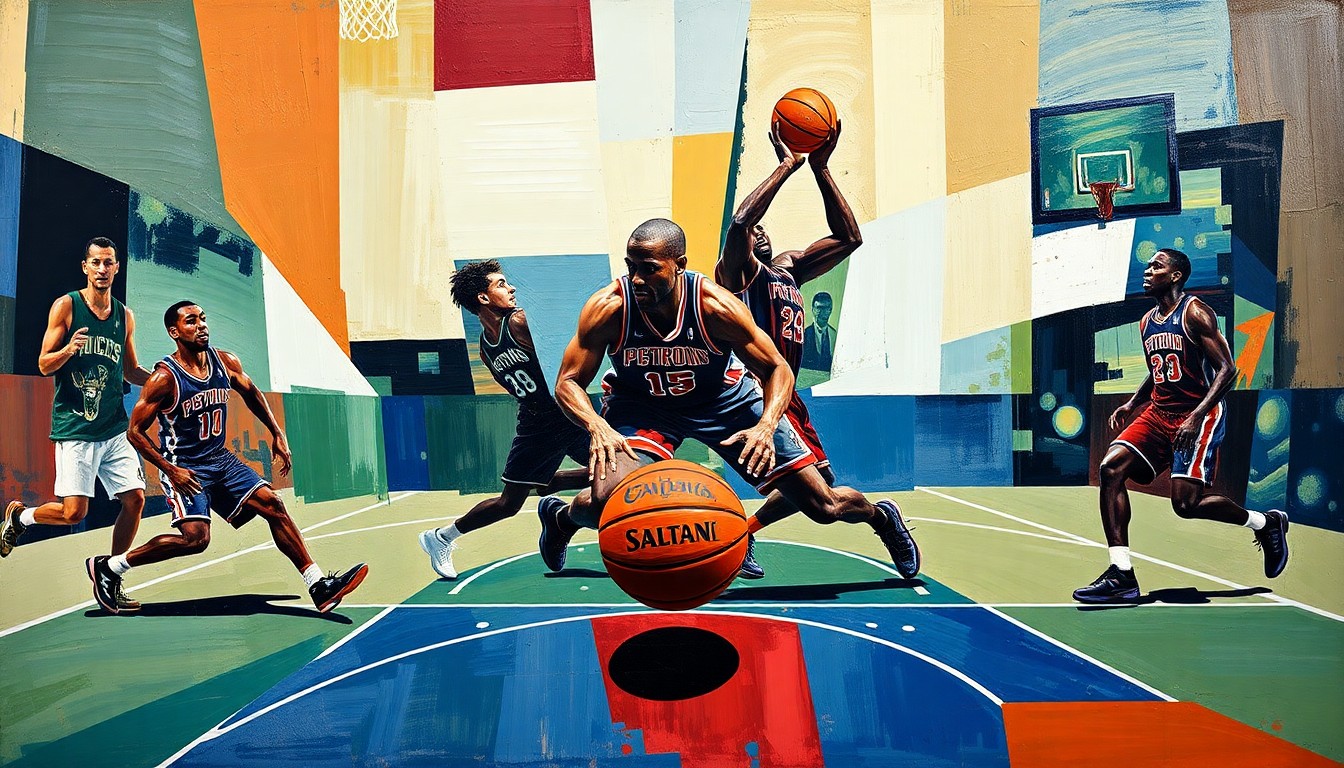A cubist, geometric painting depicting a basketball game between the Detroit Pistons and Milwaukee Bucks, with the players' forms broken down into abstract shapes and the ball and court lines creating a sense of dynamic movement.