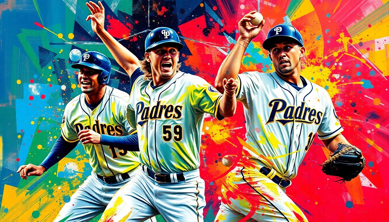 An abstract expressionist painting in vibrant neon colors, capturing the dynamic motion and energy of a baseball game, with players' forms dissolving into bold, gestural brushstrokes.