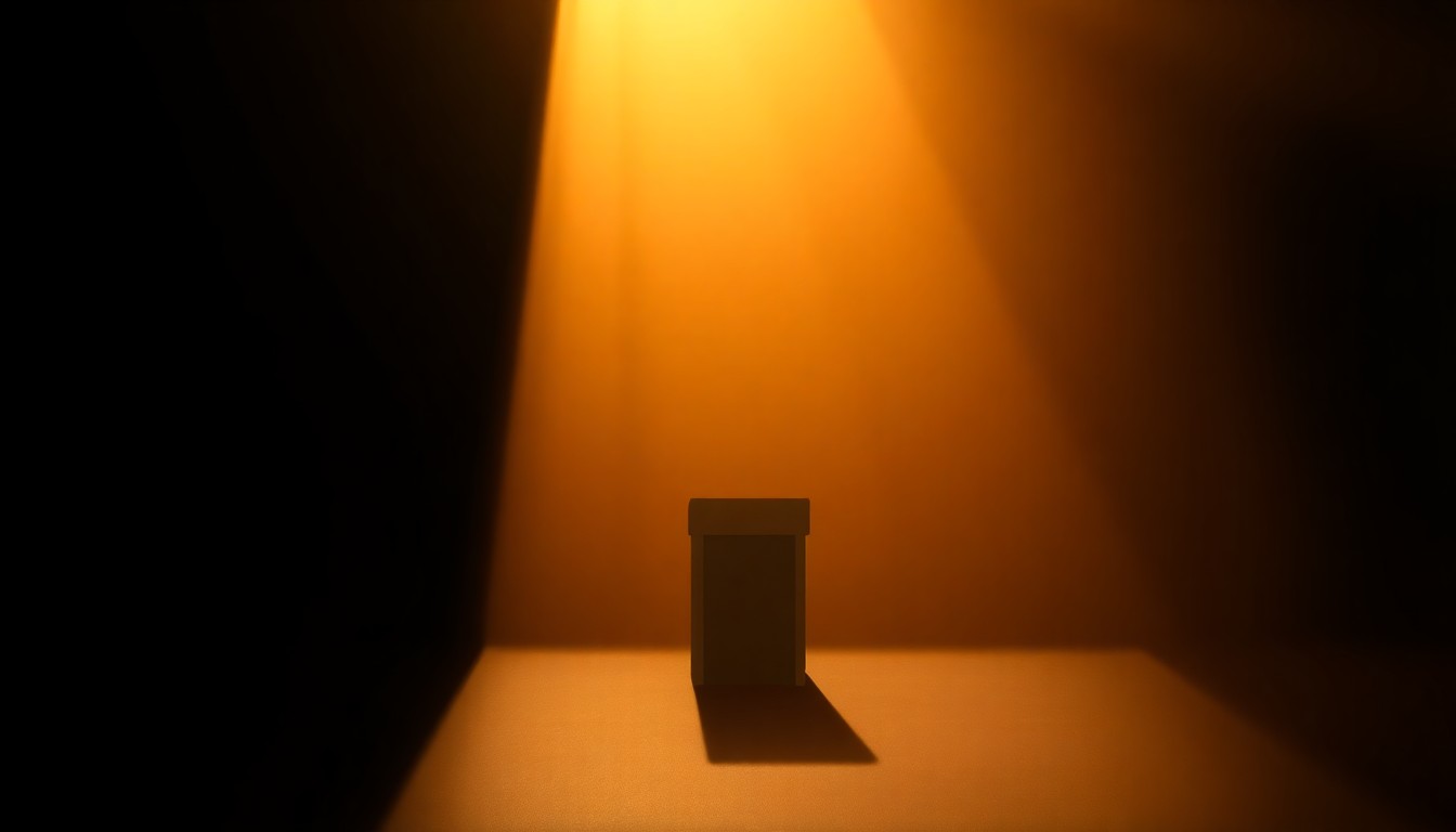 A serene, cinematic painting depicting a lone political campaign sign or podium set against a backdrop of warm sunlight and deep shadows, conveying a sense of quiet contemplation about the nature of modern politics.