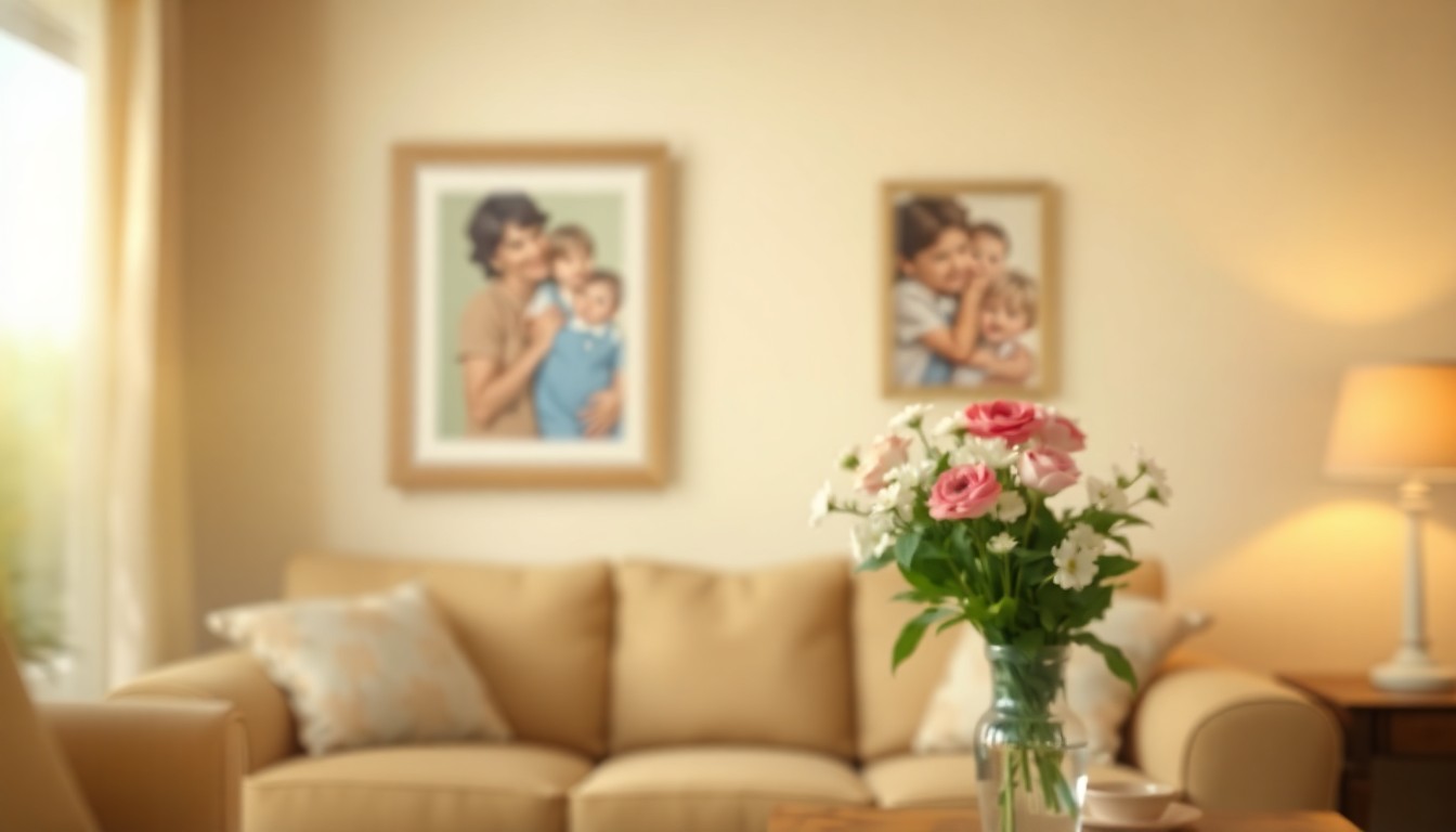 A softly focused, impressionistic photograph of a cozy living room, with a framed family portrait and vase of flowers, conveying a sense of warmth and nostalgia.