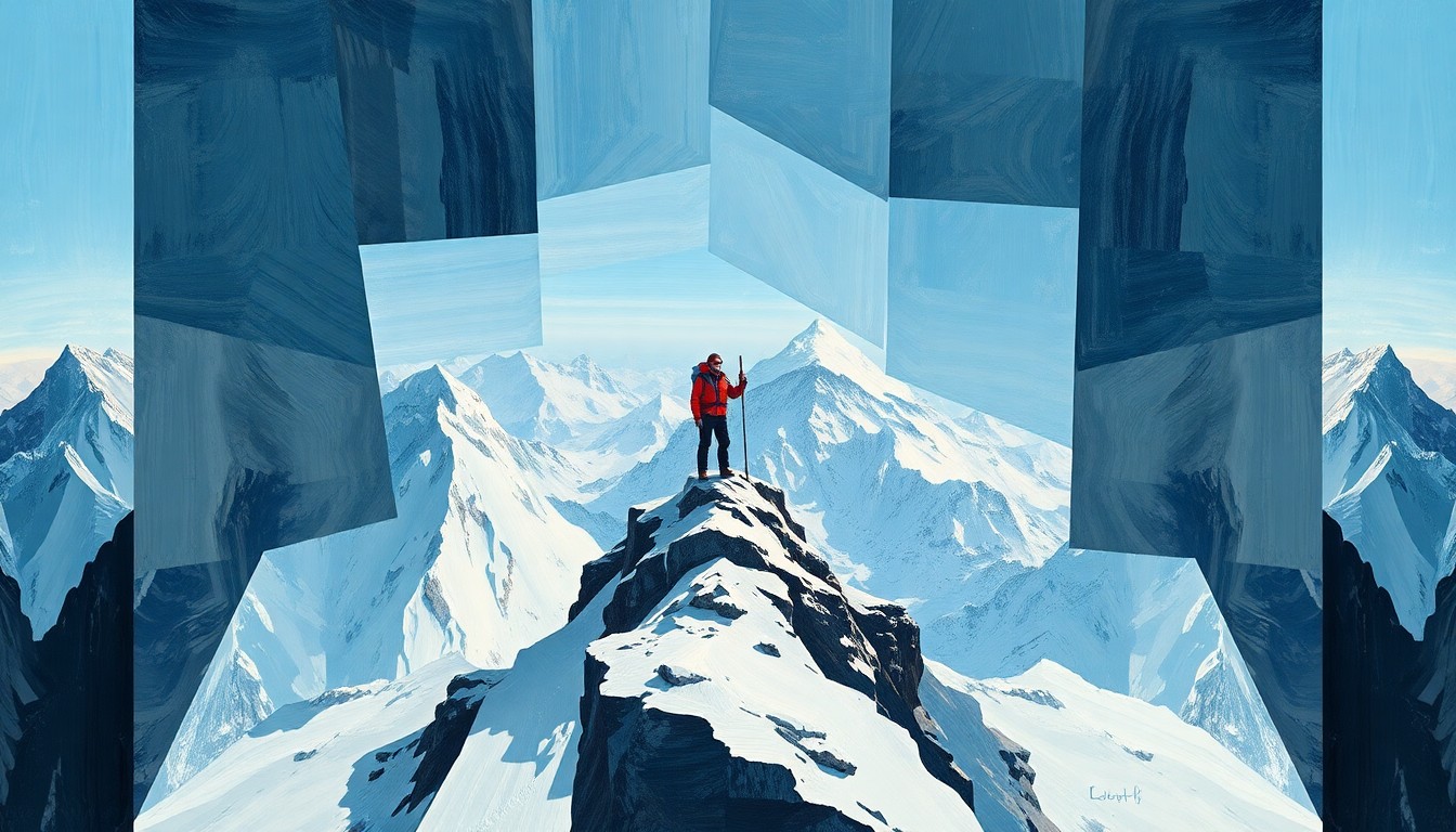 A fractured, geometric painting depicting the iconic image of a mountaineer standing atop a snowy peak, the figure and landscape broken down into sharp, overlapping planes of color and form.