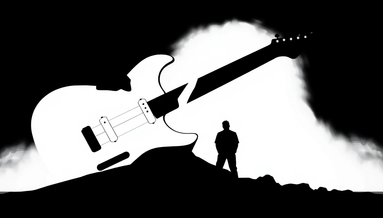A bold, abstract illustration featuring jagged, geometric black shapes and silhouettes representing a broken guitar neck, conceptually conveying the cancellation of a major music festival performance due to injury.