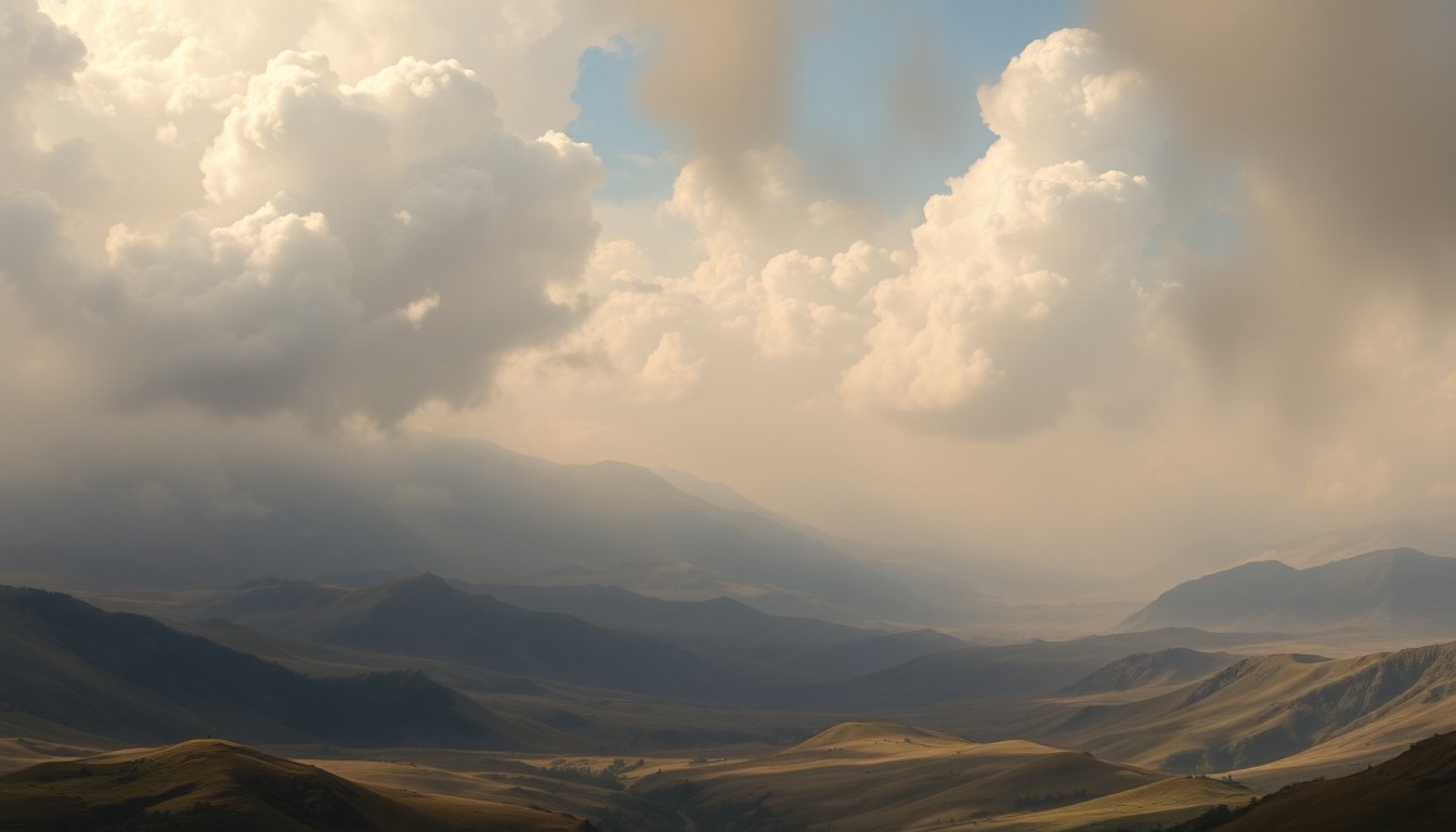 A sweeping, atmospheric landscape painting in muted earth tones, with billowing clouds of smoke obscuring the distant hills and mountains, conceptually representing the overwhelming power of a natural disaster.