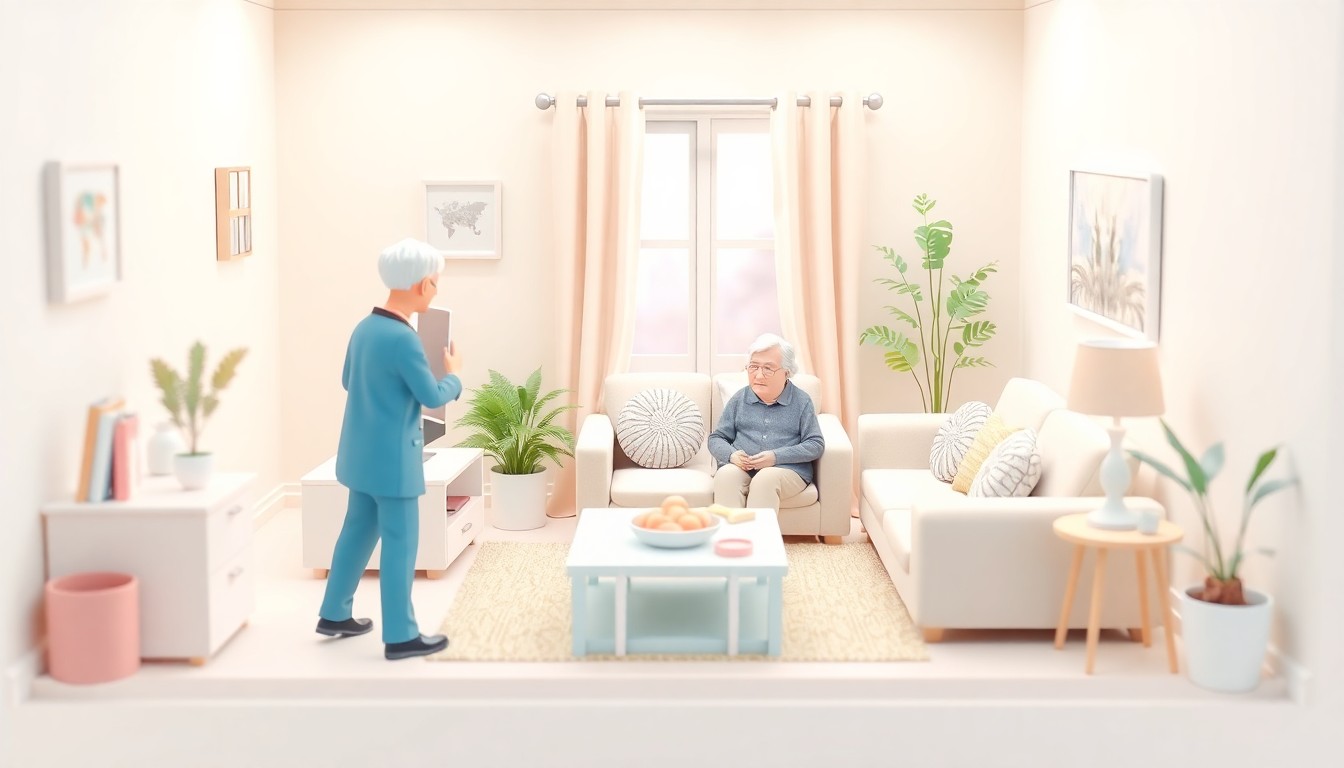 A detailed, isometric 3D illustration depicting a senior's living room with a caregiver assisting an elderly resident, conveying the warmth and care provided by the award-winning in-home care service.
