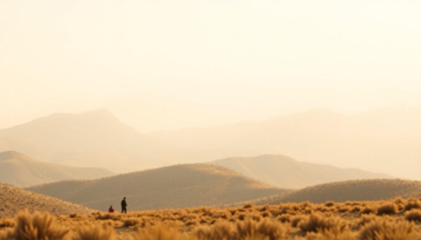 A blurred, impressionistic photograph depicting the rolling hills and snow-capped peaks of the Eastern Sierra mountains, with a few indistinct figures enjoying the scenic landscape in the foreground.