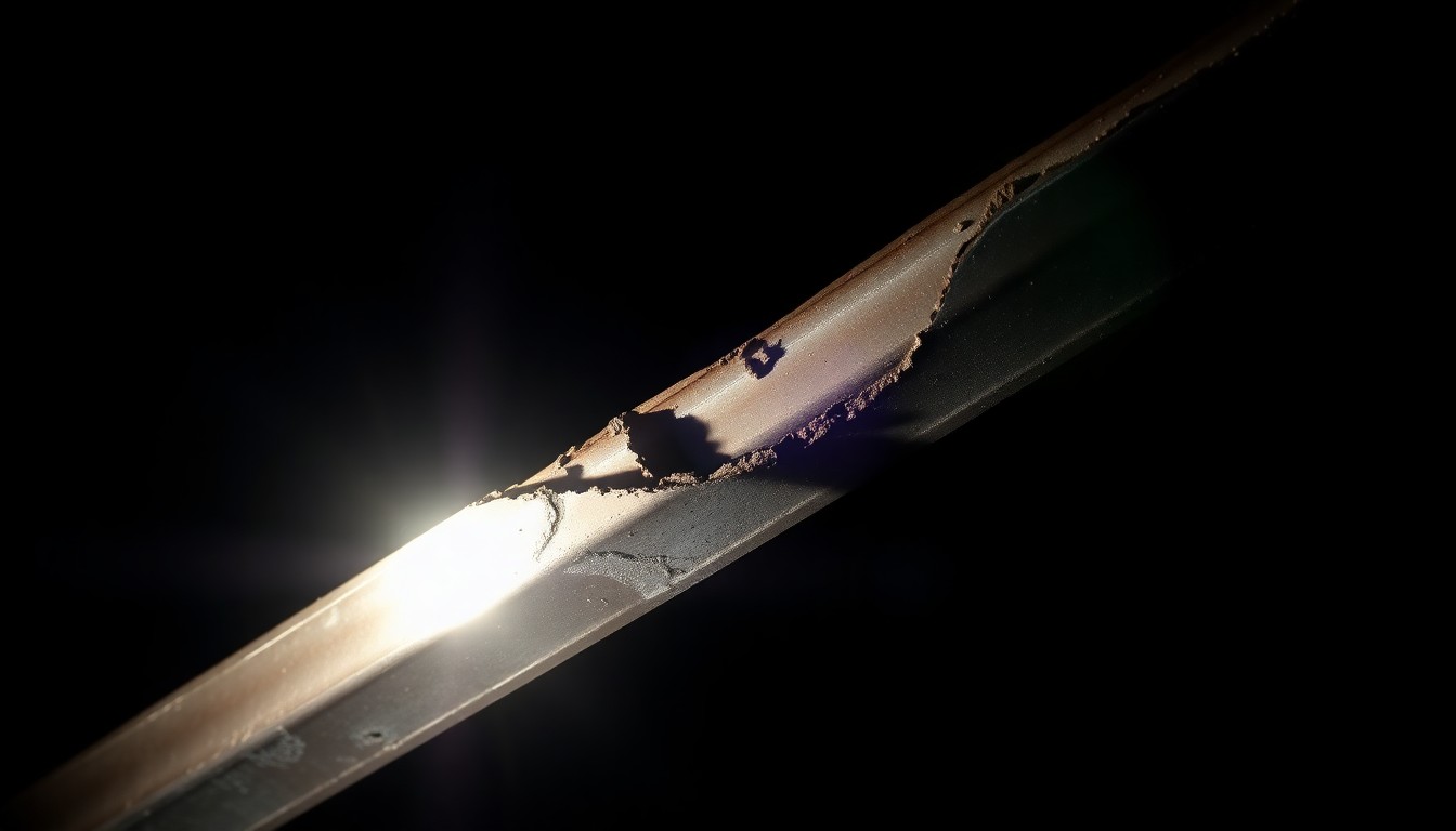 An extreme close-up photograph of a twisted, damaged steel beam from a collapsed parking garage, lit by a harsh, direct camera flash against a pitch-black background, conceptually illustrating the devastation of a construction accident.