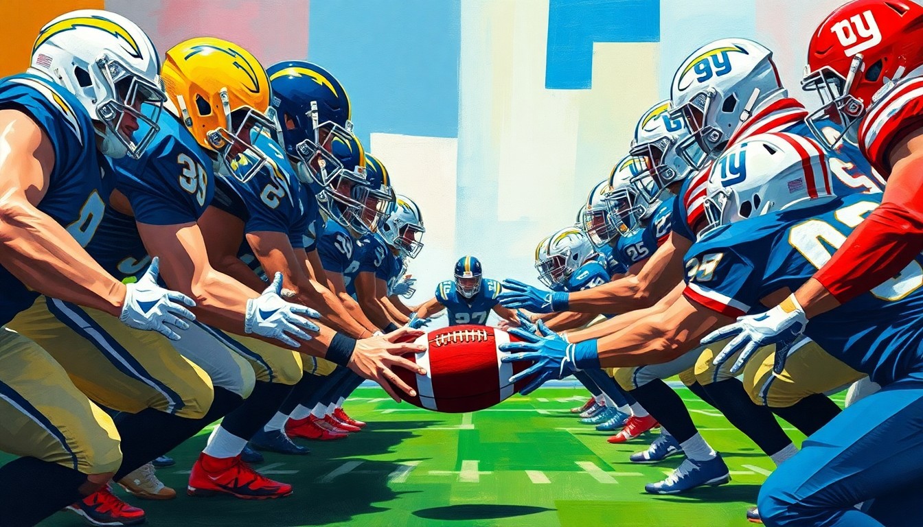 A cubist, geometric painting depicting a football defensive line, with players and the ball broken down into sharp, overlapping planes of vibrant blue, gold, red, and other colors, capturing the raw energy and movement of the game.