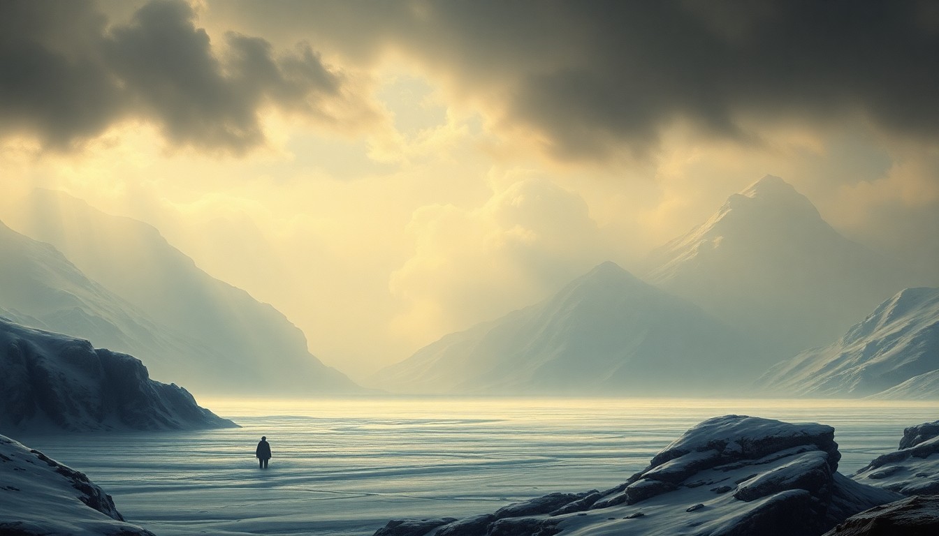 A sweeping, atmospheric landscape painting in muted tones of blue and grey, depicting a vast, frozen expanse with minimal physical structures dwarfed by the overwhelming power of the natural elements.