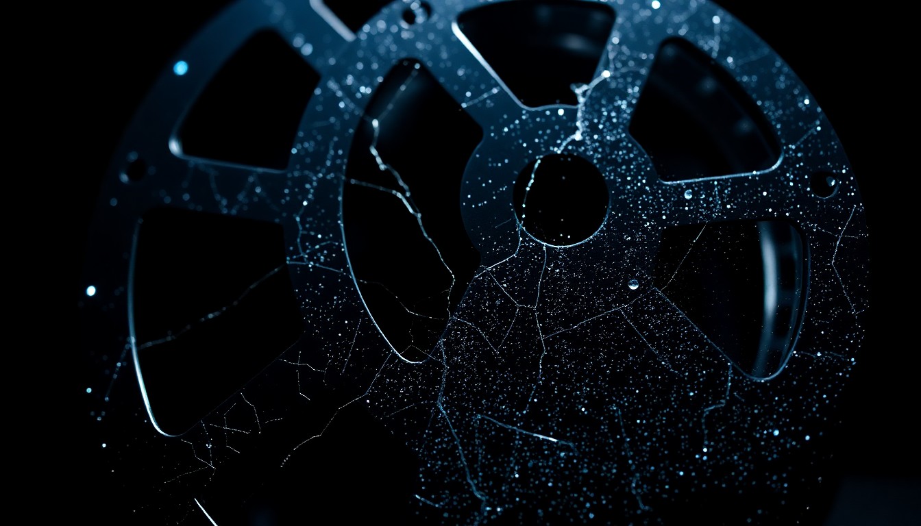 An abstract, high-contrast close-up image of a damaged, glittering film reel, conveying the conceptual fusion of traditional filmmaking and emerging digital technologies.