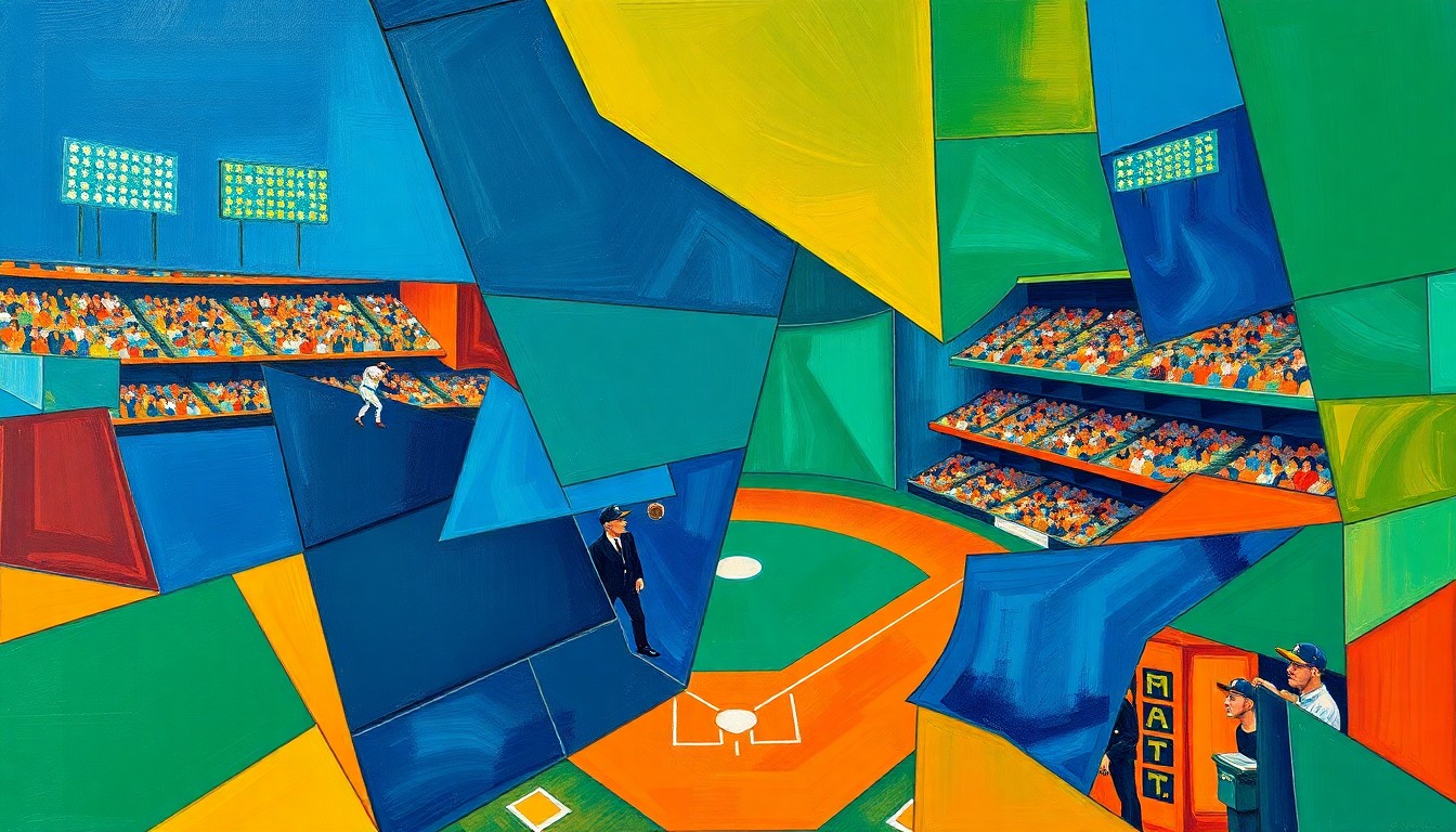 A fragmented, geometric painting in shades of blue, green, and orange, capturing the dynamic movement and multiple viewpoints of a baseball game.