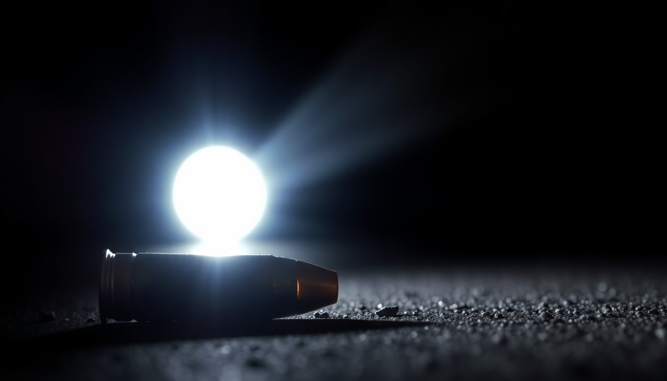 An extreme close-up photograph of a spent shell casing on the dark ground, conveying the gritty, investigative nature of a police shooting incident.