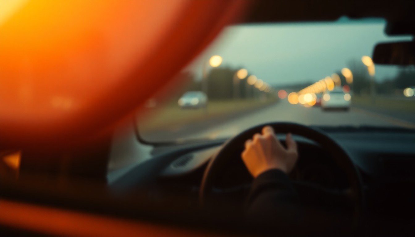 An extremely abstracted, out-of-focus photograph of a car's dashboard and steering wheel, with a faint reflection of hands on the wheel, conveying a sense of distraction and the fleeting nature of a moment.