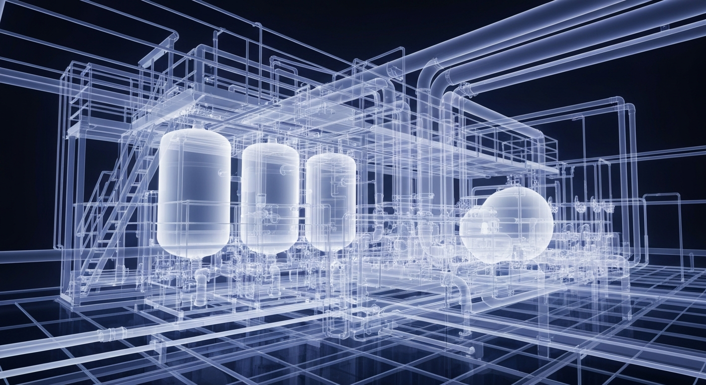 A ghostly, translucent X-ray image showing the intricate internal structure of a water treatment facility, with glowing pipes, filters, and chemical tanks visible against a dark background.