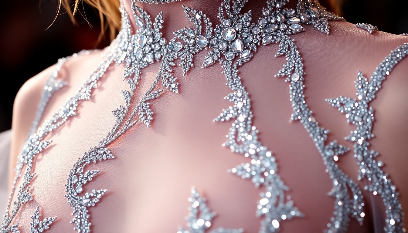 An extreme close-up of the intricate sheer and silver detailing on Nicole Kidman's red carpet dress, captured in a high-contrast, glamorous studio lighting that emphasizes the luxurious textures and materials.
