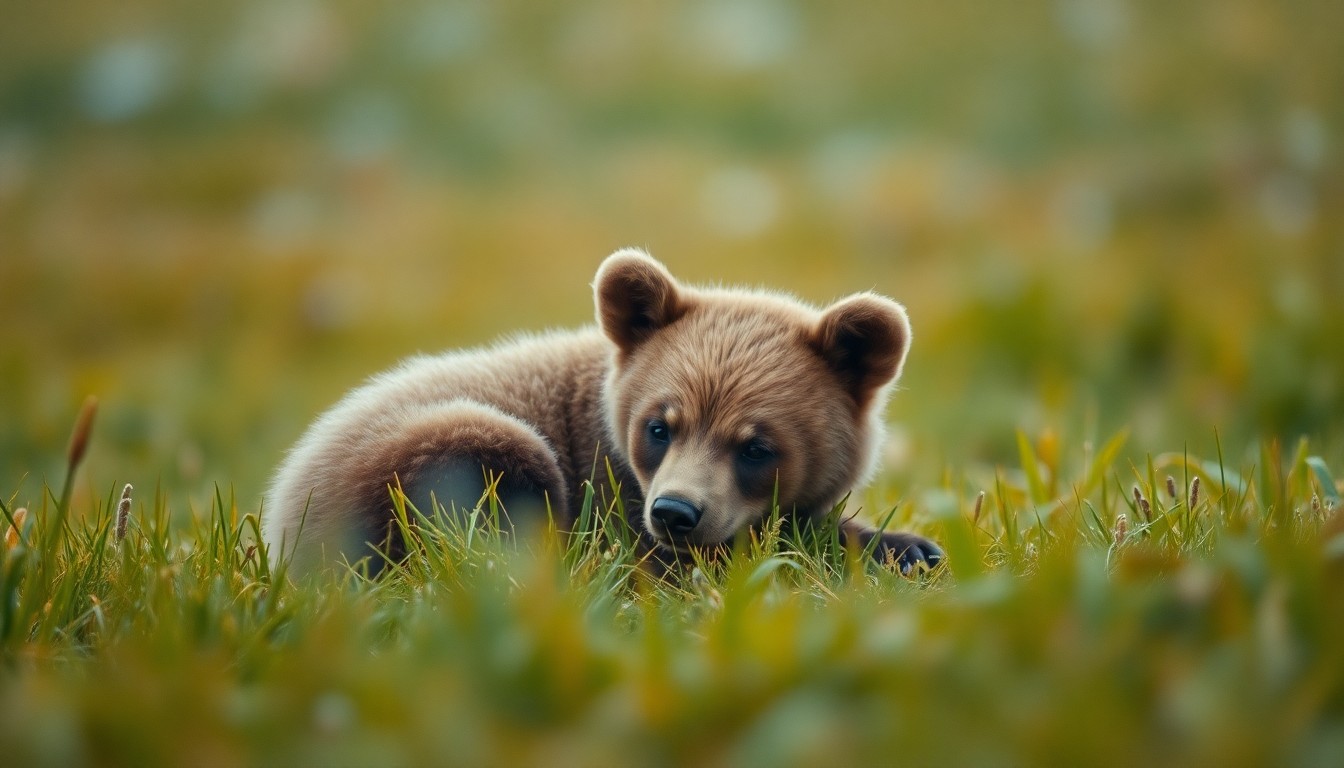 An extremely blurred, dreamlike photograph in warm amber, olive, and blue tones, depicting the peaceful form of a bear cub resting in a grassy meadow, conveying a sense of tranquility and safety after its rescue from a dangerous highway situation.