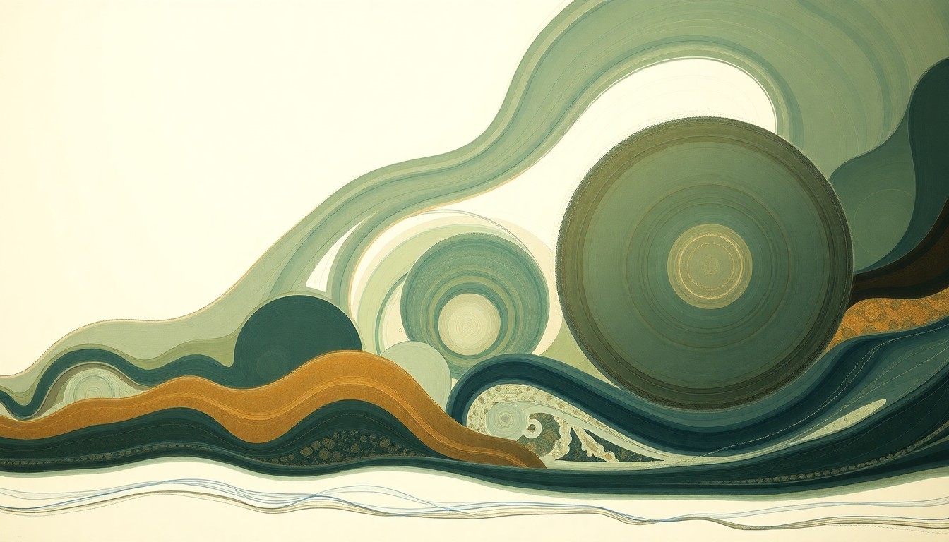 A highly textured, sweeping abstract painting in earthy tones of green, blue, and brown, featuring geometric arcs, concentric circular patterns, and precise botanical or physical spirals, conceptually representing the complex interplay of water, power, and migratory fish in the Lower Snake River ecosystem.