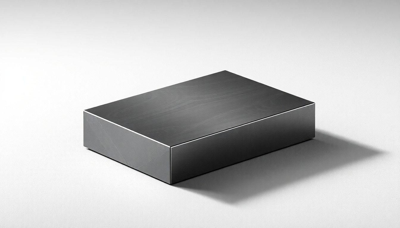 A polished, geometric steel ingot or plate resting on a clean, monochromatic background, dramatically lit to represent the strength and precision of the new ballistic steel production facility in Sault Ste. Marie.