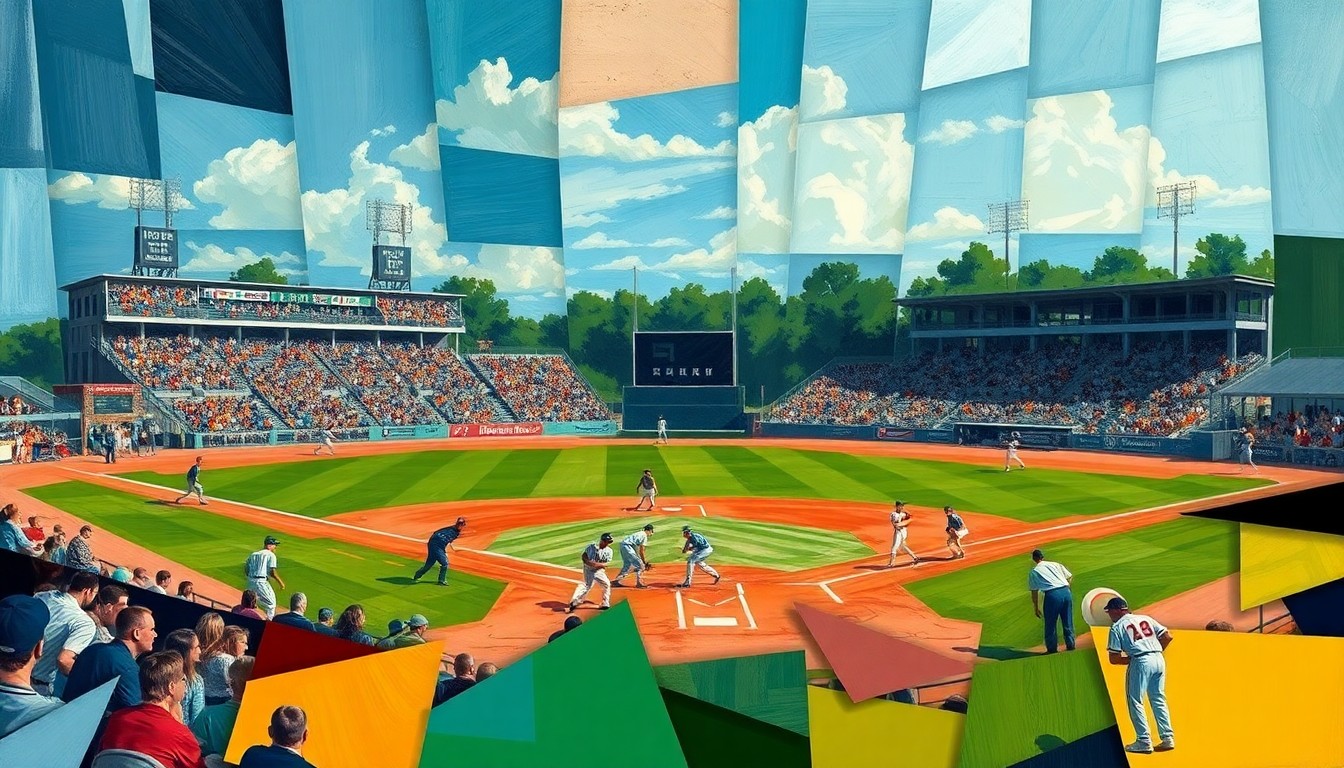 A fractured, multi-perspective painting breaking down a high school baseball game into abstract geometric shapes and planes, capturing the raw energy and competitive spirit of the local rivalry.