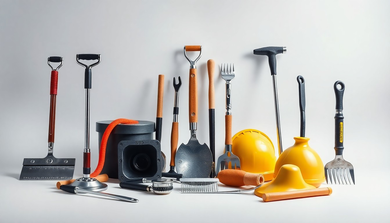 A high-end studio photograph featuring a collection of polished tools and equipment used for campus maintenance, grounds keeping, and food service, arranged elegantly on a clean, monochromatic background to represent the vital behind-the-scenes work of the striking employees.