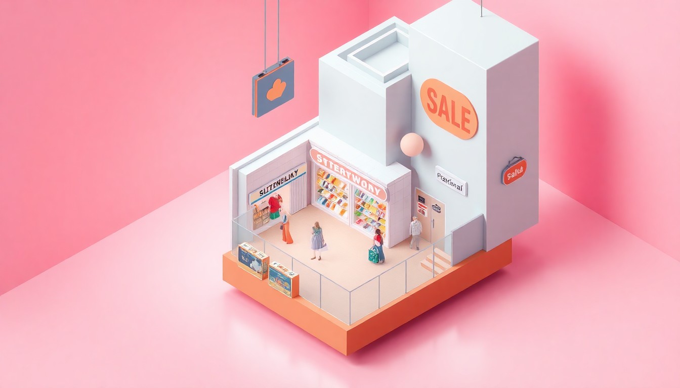 A stylized, isometric 3D digital illustration depicting a miniature retail environment with various storefronts and merchandise displays, representing the collaborative downtown warehouse sale in a playful, editorial manner.