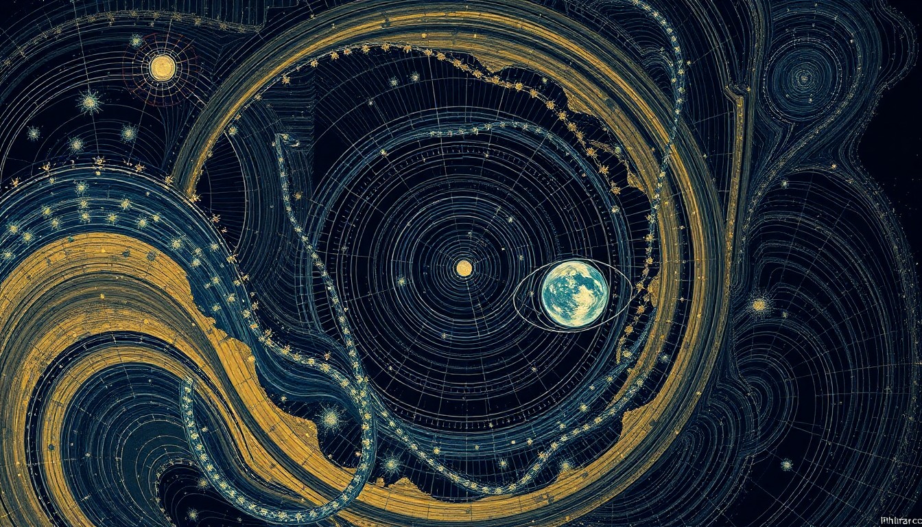 A highly textured, abstract painting in earthy tones featuring sweeping geometric arcs, concentric circles, and precise spirals, conceptually representing the complex, turbulent patterns of global nighttime lighting captured by satellite data.