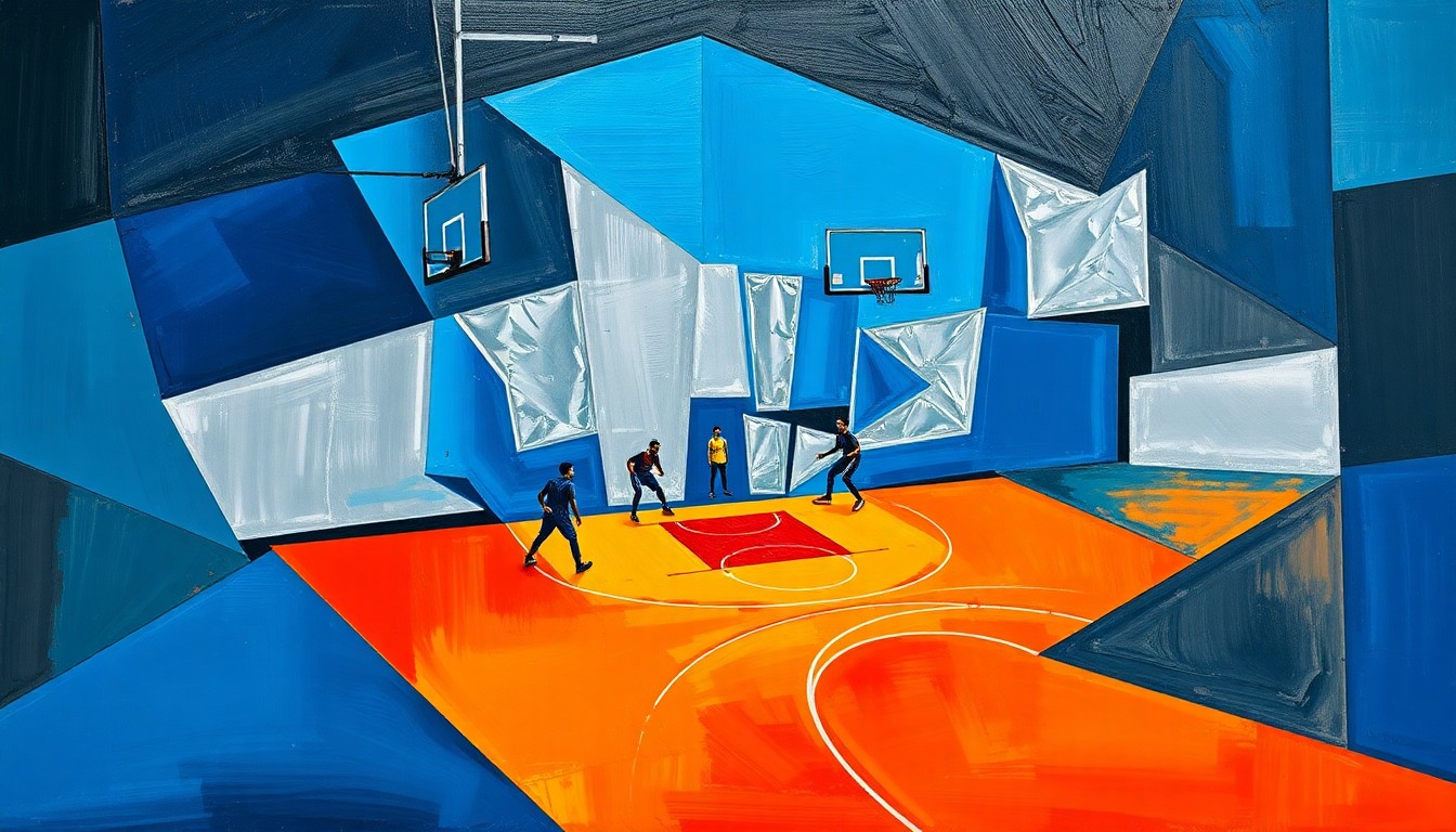 A fragmented, geometric painting depicting a basketball game, with sharp planes of color and overlapping shapes representing the chaotic play on the court.
