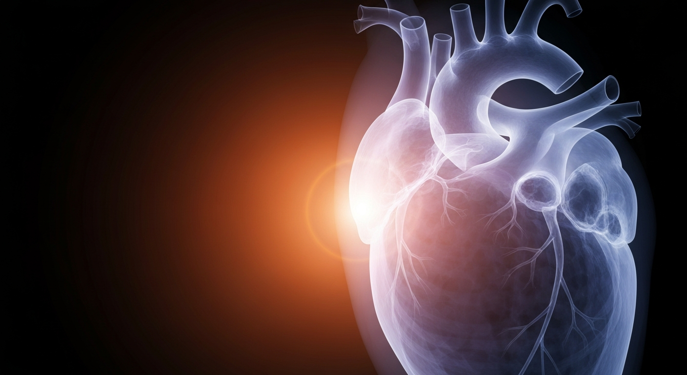 A ghostly, translucent X-ray image of a human heart, glowing with an inner light, conceptually representing the resilience and determination of a young person battling a serious illness.