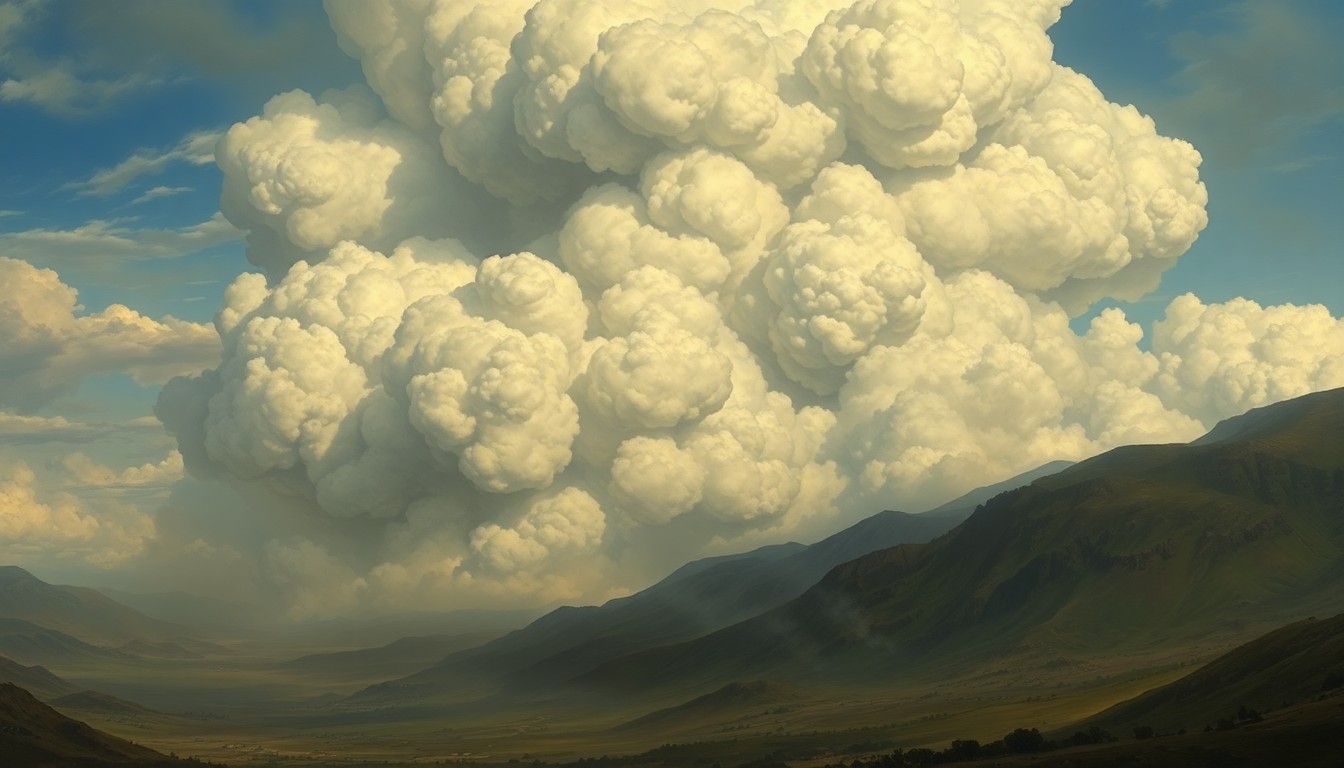 A sweeping, atmospheric landscape painting in muted earth tones, with a massive plume of thick, billowing smoke obscuring the sky and dwarfing any visible structures or vegetation, conveying the overwhelming scale and power of a natural disaster.