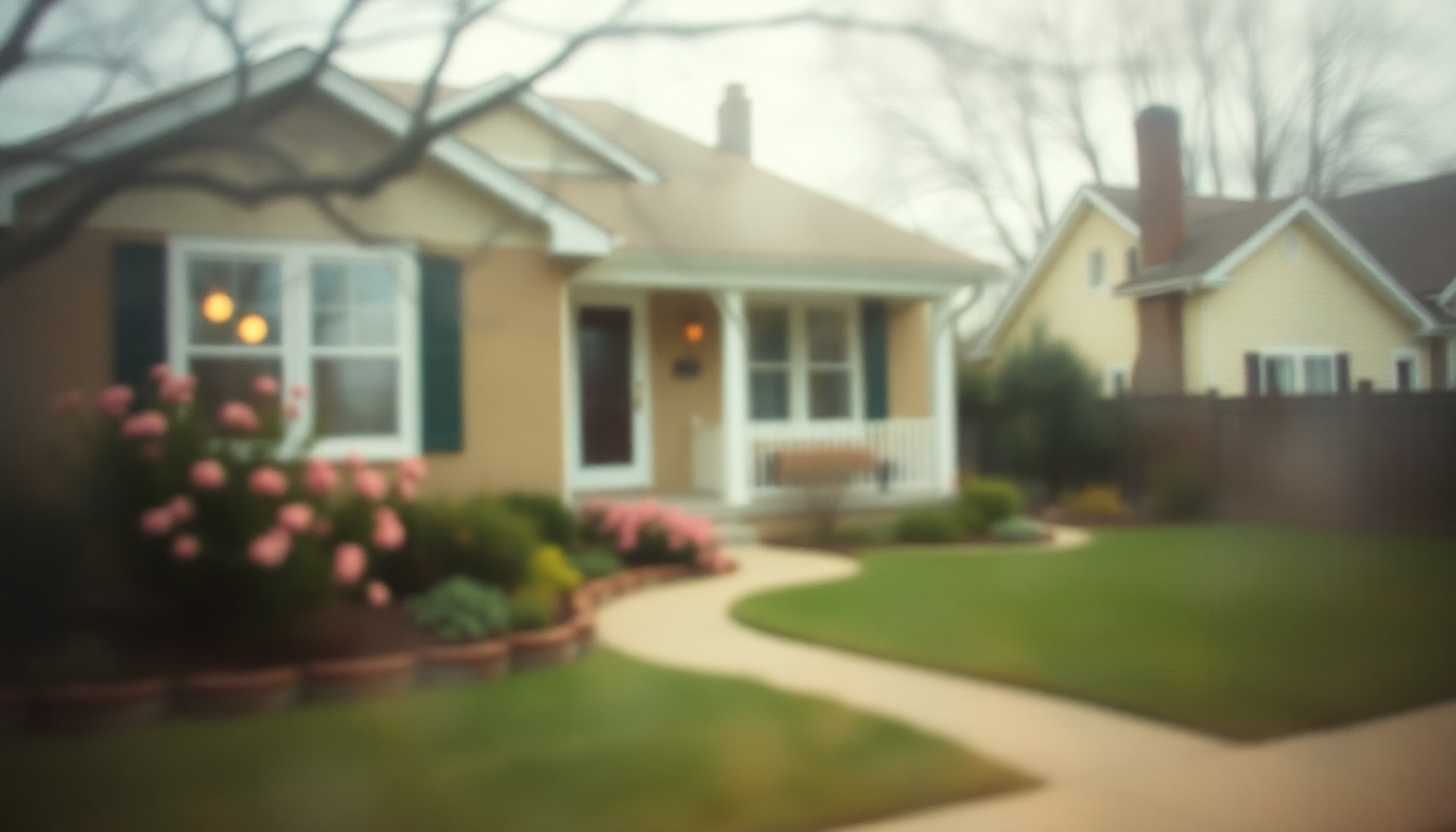 An extremely blurred, impressionistic photograph of a cozy suburban home exterior with a lush green lawn, vibrant flowers, and a warm, hazy glow, conveying a sense of tranquility and comfort.