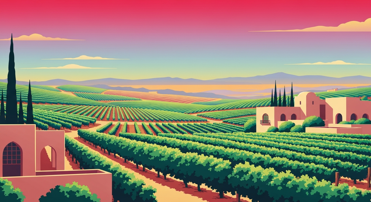 A highly stylized, geometric illustration depicting the sweeping vistas and grand scale of Baja California's wine country, with towering perspectives of vineyards and architecture rendered in smooth, airbrushed gradients.