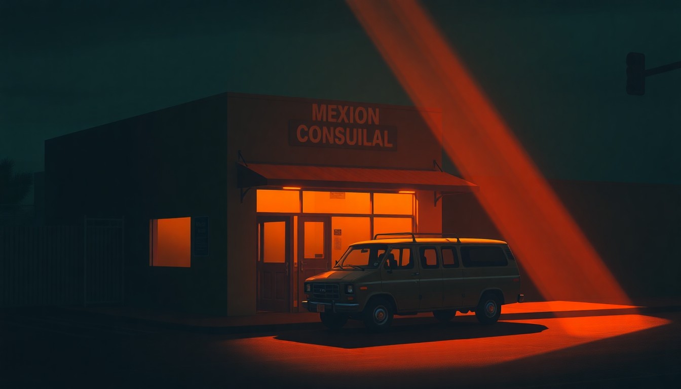 A serene, cinematic painting depicting a solitary Mexican consulate office or diplomatic vehicle in warm, golden light, conveying a sense of quiet contemplation and resilience in the face of border challenges.