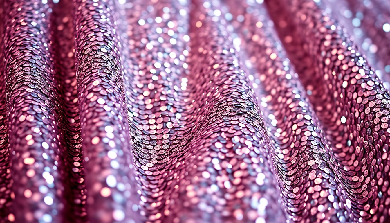 An extreme close-up photograph of a shimmering, sequined fabric in dramatic studio lighting, capturing the high-fashion elegance of Vanna White's iconic Wheel of Fortune dresses.