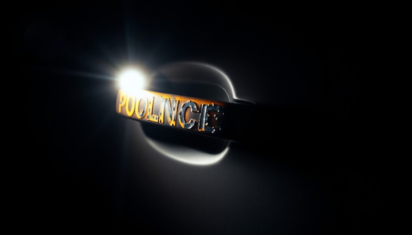 An extreme close-up photograph of a charred police vehicle door handle, lit by a harsh, direct camera flash against a pitch-black background, conceptually illustrating the damage and gritty investigation of an arson attack on NYPD property.