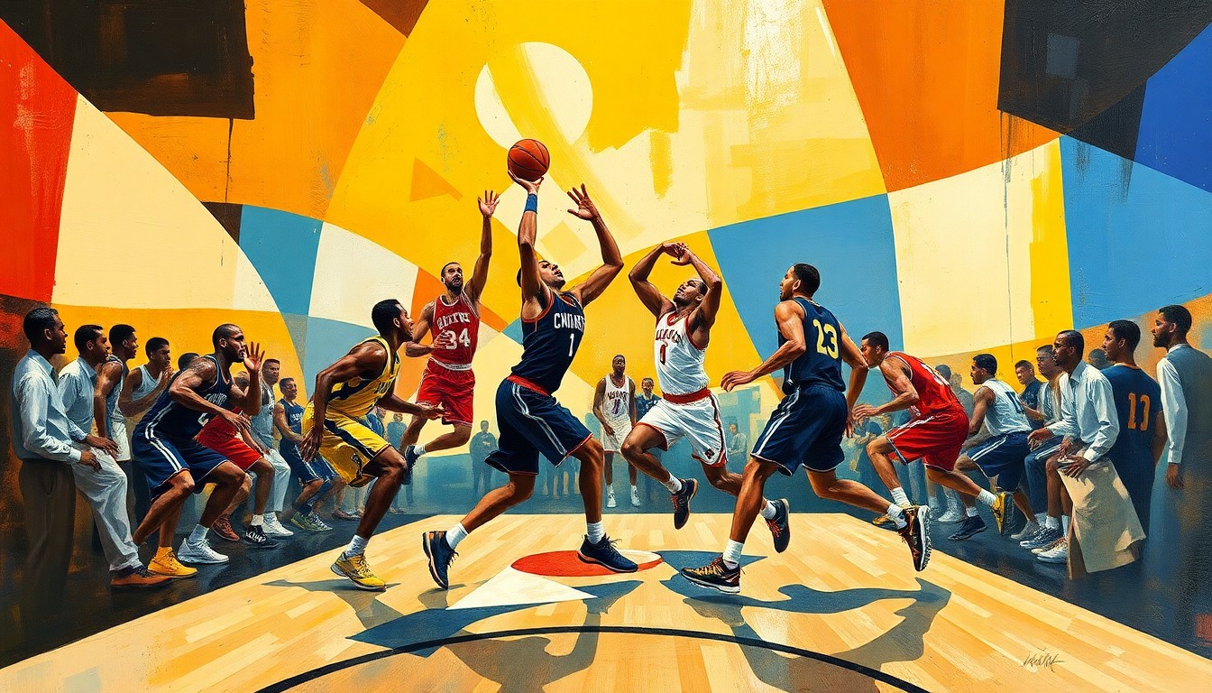 A fractured, multi-perspective painting breaking down a basketball game into sharp, overlapping geometric planes, with the players' forms deconstructed into abstract shapes and colors, capturing the raw energy and movement of the sport.