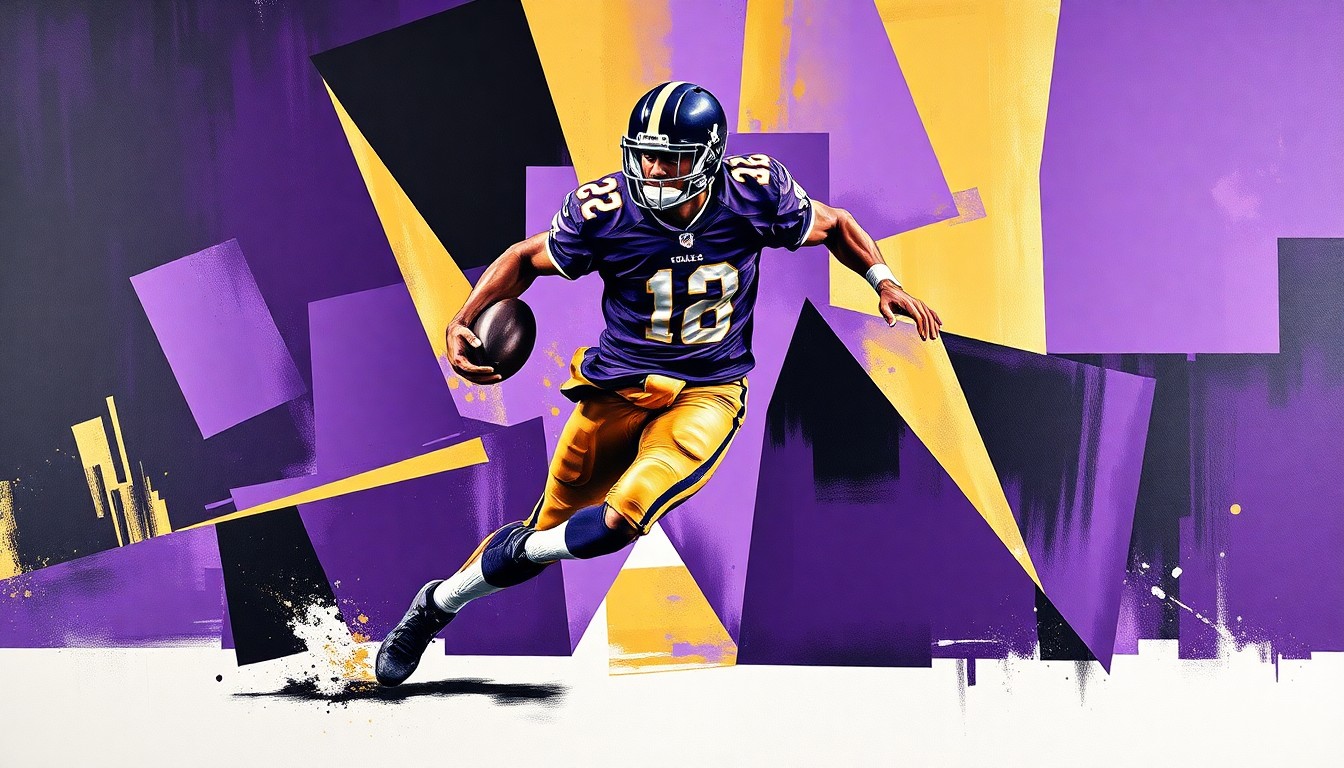 A cubist-style painting depicting a football player in mid-motion, broken down into sharp, overlapping geometric shapes in the Ravens' team colors of purple, black, and gold, conveying the raw energy and dynamism of the sport.