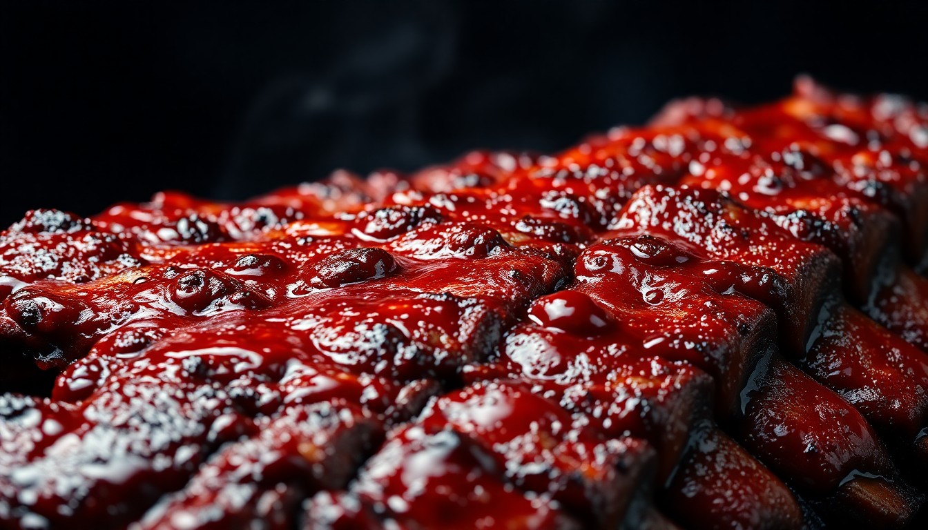 An extreme close-up photograph of charred, glistening barbecue ribs, capturing the rich, luxurious texture of the meat in dramatic studio lighting.